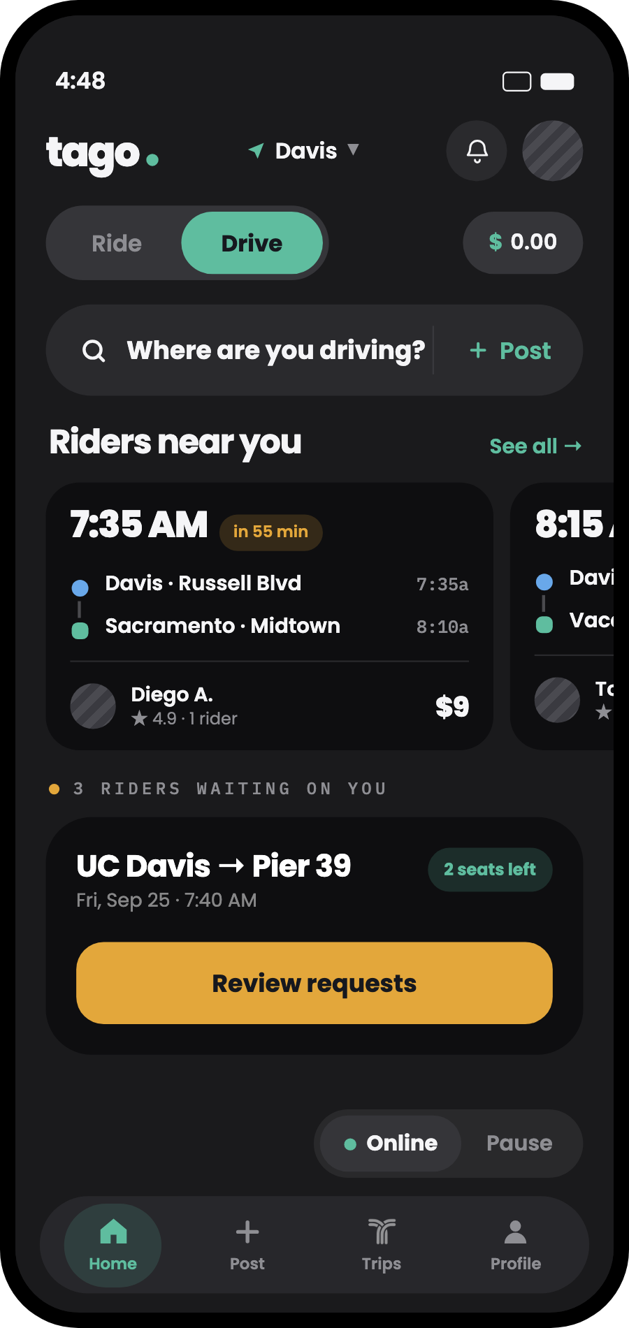 The app's drive-mode home screen: the Ride/Drive switch set to Drive, a search for where you're driving, riders near you, and a request waiting for review. Names shown are examples.