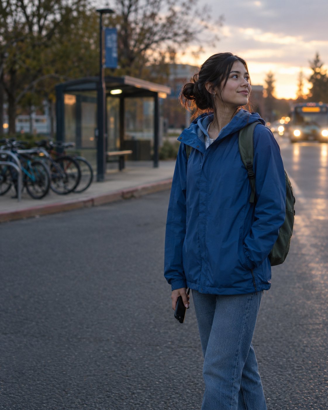 A student in a blue rain jacket at a campus bus loop at dusk, phone at her side, looking up the road as headlights approach.